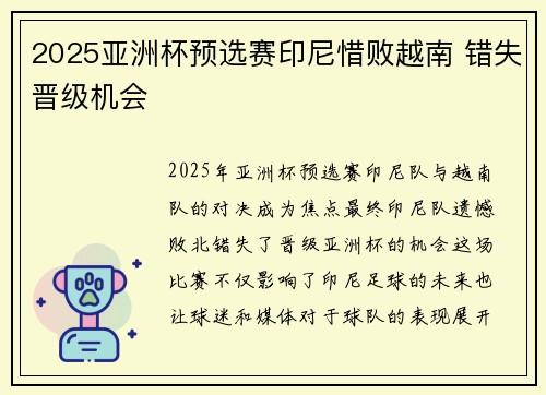 2025亚洲杯预选赛印尼惜败越南 错失晋级机会
