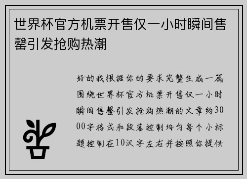 世界杯官方机票开售仅一小时瞬间售罄引发抢购热潮